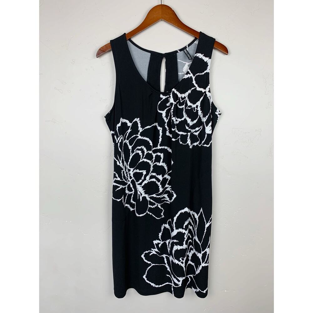 Simon Chang Dress Black White Floral Pockets Stretchy Knit Sleeveless Women's XL